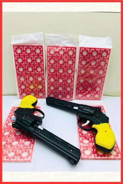 AE Market 2 Adet Büyük Oyuncak Plastik Kovboy Tabancası Yanında 2 Adet 18 X8li Fişek Kapsül