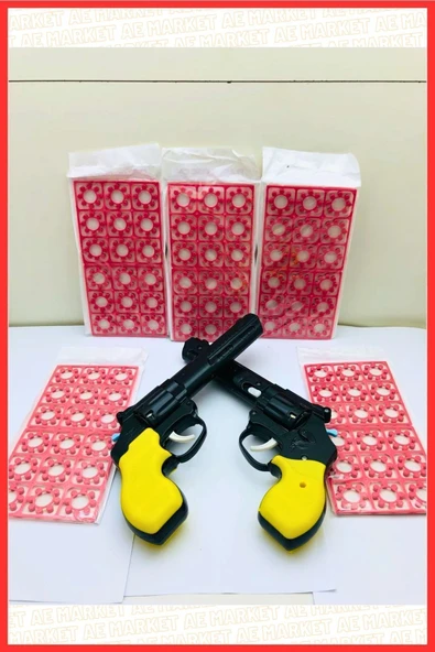 AE Market 2 Adet Büyük Oyuncak Plastik Kovboy Tabancası Yanında 2 Adet 18 X8li Fişek Kapsül - 2