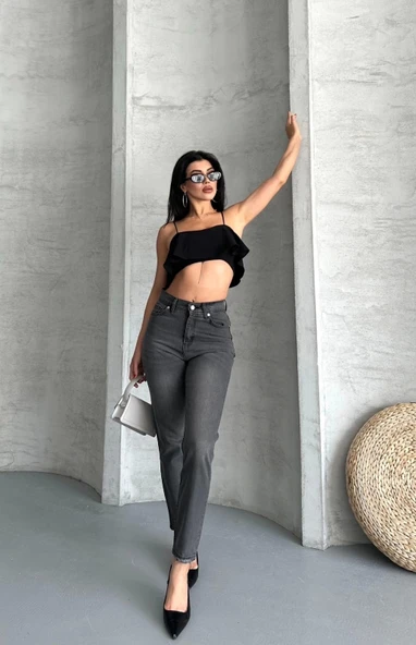 BİÇOMİ Mom fit enzim taş yıkama jeans pantolon füme d2006 - 5