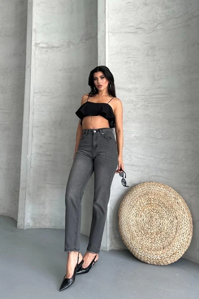 BİÇOMİ Mom fit enzim taş yıkama jeans pantolon füme d2006