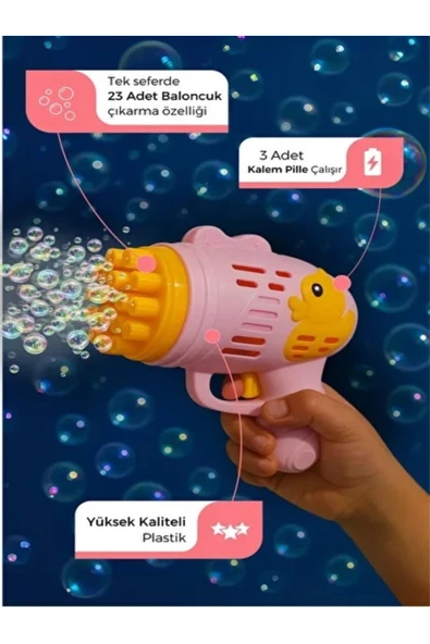BLUEST SHOP Duck Baloncuk Tabancası Köpük 23 Halkalı Pilli Baloncuk Köpük Tabancası - Duck Bubbles Gun Pembe - 5