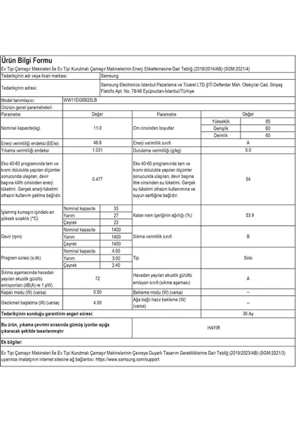 Samsung WW11DG6B25LBAH 1400 Devir 11 kg Çamaşır Makinesi - Resim 5