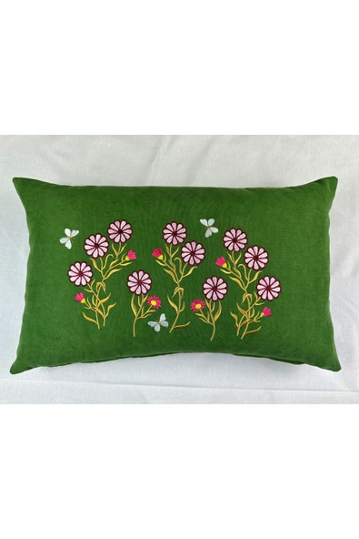 HHKARTS Yeşil Renk Çiçek Desenli Nakışlı Yastık Kılıfı 30x50 | Kırlent Kılıfı Fermuarlı ürün görseli