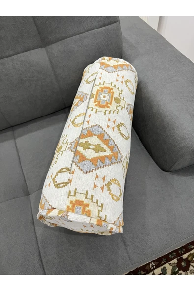 oushak Kilim Desenli Beyaz Dekoratif Silindir Şönil Dokuma Fermuarlı Etnik Bolster Yoga Yastık Kılıfı - Resim 2