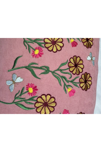 HHKARTS Pembe Renk Çiçek Desenli Nakışlı Yastık Kılıfı 30x50 | Kırlent Kılıfı Fermuarlı - Resim 5