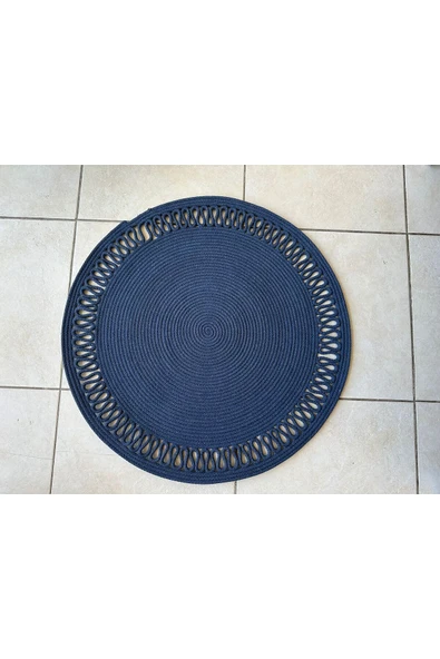HHKARTS Jüt Kenarları Desenli Yuvarlak Banyo Paspası Lacivert - Resim 3