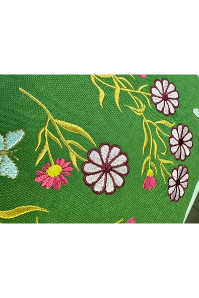 HHKARTS Yeşil Renk Çiçek Desenli Nakışlı Yastık Kılıfı 30x50 | Kırlent Kılıfı Fermuarlı - Resim 4