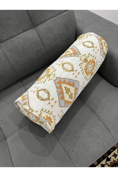 oushak Kilim Desenli Beyaz Dekoratif Silindir Şönil Dokuma Fermuarlı Etnik Bolster Yoga Yastık Kılıfı ürün görseli