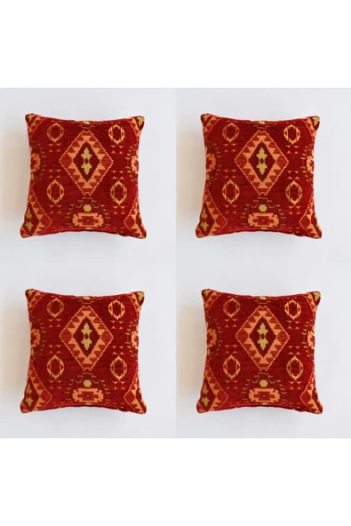 oushak Kilim Desenli Dekoratif Yastık Kılıfı 4'lü Çift Taraflı Şönil Dokuma Gizli Fermuarlı Kırlent Kılıfı - 1