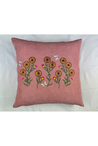 HHKARTS Pembe Renk Çiçek Desenli Nakışlı Yastık Kılıfı 40X40 | Kırlent Kılıfı Fermuarlı ürün görseli