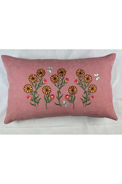 HHKARTS Pembe Renk Çiçek Desenli Nakışlı Yastık Kılıfı 30x50 | Kırlent Kılıfı Fermuarlı - Resim 3