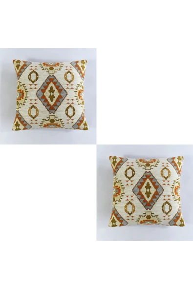 oushak Kilim Desenli Dekoratif Yastık Kılıfı 2'li Çift Taraflı Şönil Dokuma Gizli Fermuarlı Kırlent Kılıfı - 1