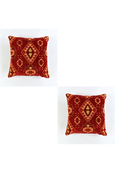 oushak Kilim Desenli Dekoratif Yastık Kılıfı 2'li Çift Taraflı Şönil Dokuma Gizli Fermuarlı Kırlent Kılıfı ürün görseli