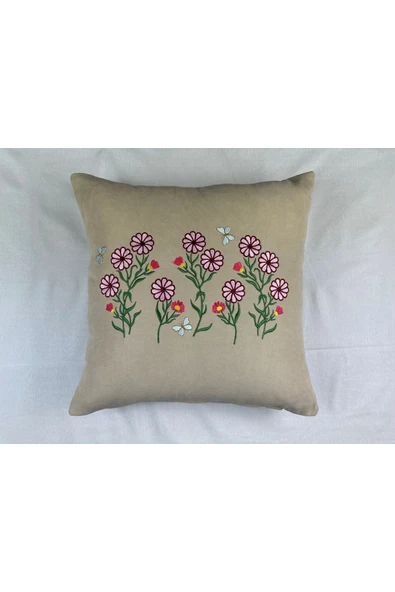 HHKARTS Krem Renk Çiçek Desenli Nakışlı Yastık Kılıfı 40X40 | Kırlent Kılıfı Fermuarlı ürün görseli