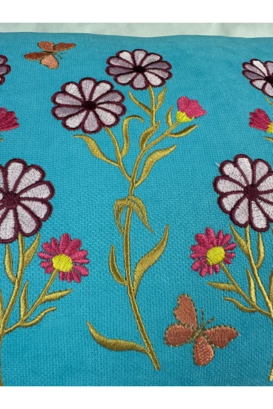 HHKARTS Mavi Renk Çiçek Desenli Nakışlı Yastık Kılıfı 30x50 | Kırlent Kılıfı Fermuarlı - Resim 5