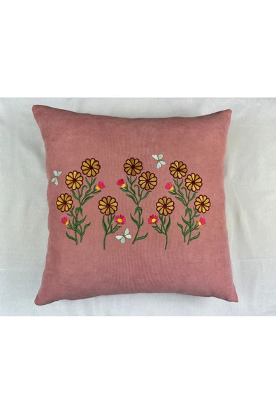 HHKARTS Pembe Renk Çiçek Desenli Nakışlı Yastık Kılıfı 40X40 | Kırlent Kılıfı Fermuarlı - Resim 2