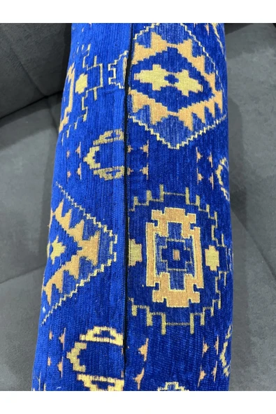 oushak Kilim Desenli Mavidekoratif Silindir Şönil Dokuma Fermuarlı Etnik Bolster Yoga Yastık Kılıfı - Resim 5