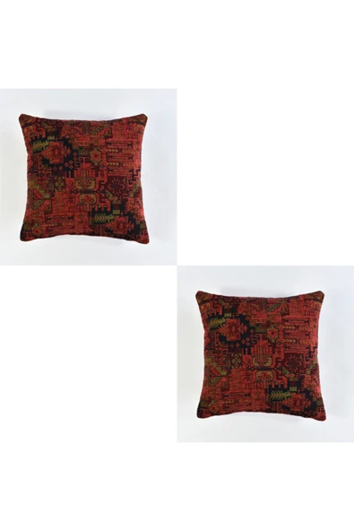 oushak Kilim Desenli Dekoratif Yastık Kılıfı 2'li Çift Taraflı Şönil Dokuma Gizli Fermuarlı Kırlent Kılıfı - 1