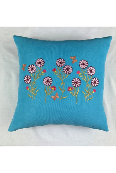 HHKARTS Mavi Renk Çiçek Desenli Nakışlı Yastık Kılıfı 40X40 | Kırlent Kılıfı Fermuarlı - Resim 3