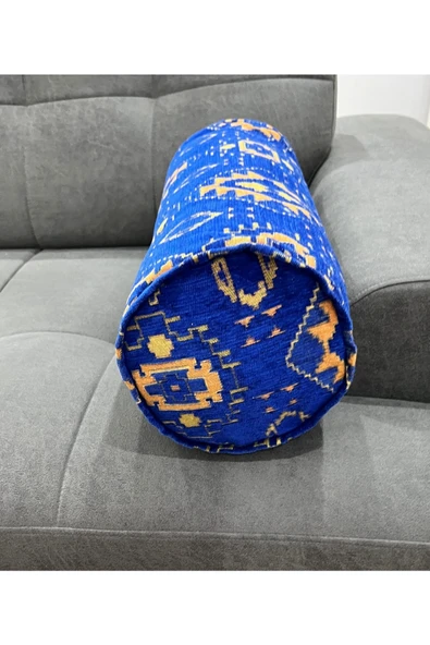 oushak Kilim Desenli Mavidekoratif Silindir Şönil Dokuma Fermuarlı Etnik Bolster Yoga Yastık Kılıfı ürün görseli