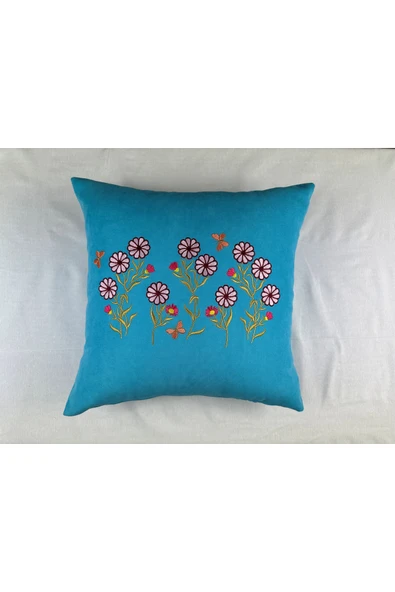 HHKARTS Mavi Renk Çiçek Desenli Nakışlı Yastık Kılıfı 40X40 | Kırlent Kılıfı Fermuarlı - Resim 4