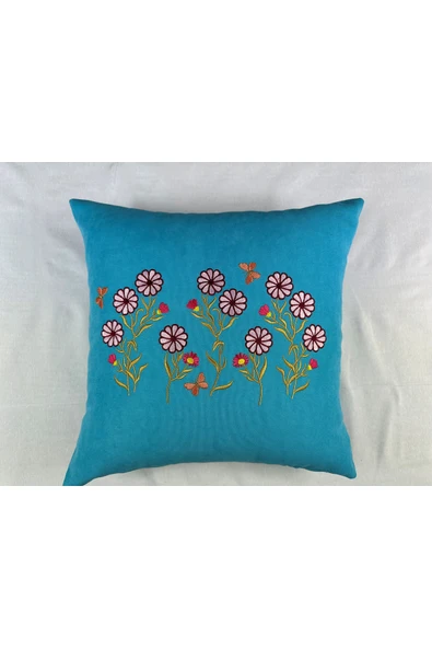 HHKARTS Mavi Renk Çiçek Desenli Nakışlı Yastık Kılıfı 40X40 | Kırlent Kılıfı Fermuarlı - Resim 2