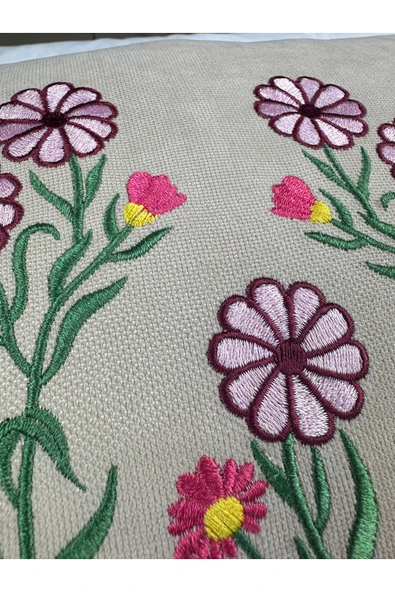 HHKARTS Krem Renk Çiçek Desenli Nakışlı Yastık Kılıfı 30X50 | Kırlent Kılıfı Fermuarlı - Resim 5