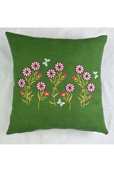 HHKARTS Çiçek Desenli Nakışlı Kırlent Kılıfı Fermuarlı 40x40 4'lü - Resim 3