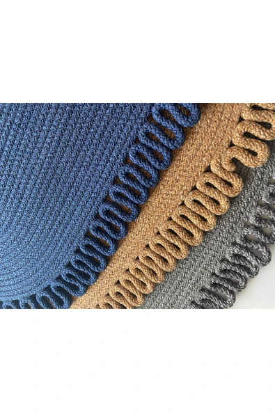 HHKARTS Jüt Kenarları Desenli Oval Paspas Lacivert - Resim 5