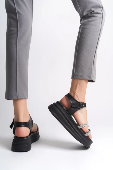 JET-ZLOHE Kalın Tokalı Taşlı Şeritli Ortopedik Taban Kadın Sandalet  CST - Siyah - Resim 3