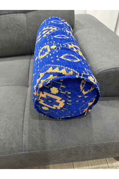 oushak Kilim Desenli Mavidekoratif Silindir Şönil Dokuma Fermuarlı Etnik Bolster Yoga Yastık Kılıfı - Resim 3