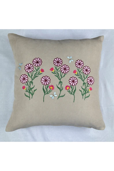 HHKARTS Çiçek Desenli Nakışlı Kırlent Kılıfı Fermuarlı 40x40 2'li - Resim 3
