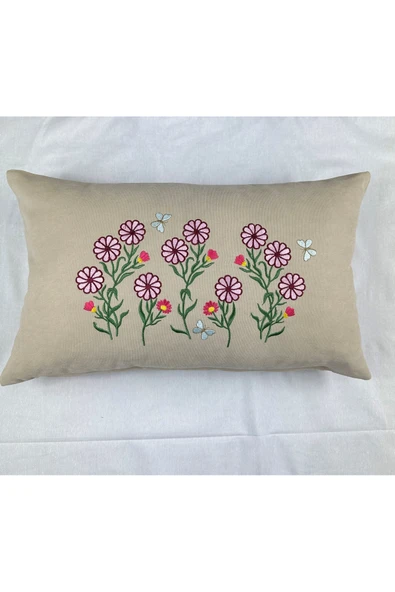 HHKARTS Krem Renk Çiçek Desenli Nakışlı Yastık Kılıfı 30X50 | Kırlent Kılıfı Fermuarlı ürün görseli