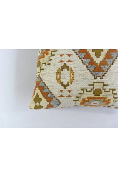 oushak Kilim Desenli Dekoratif Yastık Kılıfı 2'li Çift Taraflı Şönil Dokuma Gizli Fermuarlı Kırlent Kılıfı - Resim 3