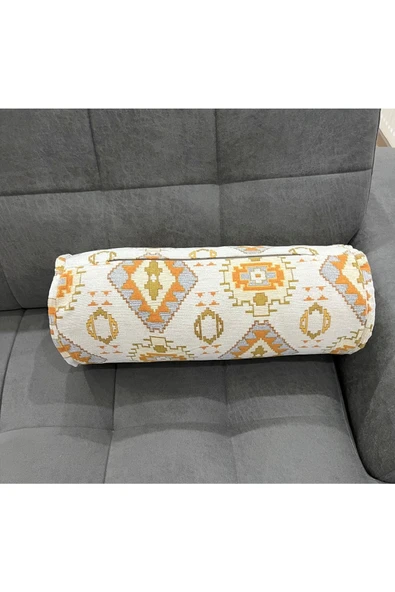 oushak Kilim Desenli Beyaz Dekoratif Silindir Şönil Dokuma Fermuarlı Etnik Bolster Yoga Yastık Kılıfı - Resim 4