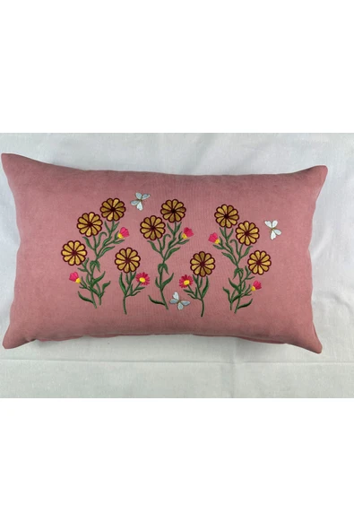 HHKARTS Pembe Renk Çiçek Desenli Nakışlı Yastık Kılıfı 30x50 | Kırlent Kılıfı Fermuarlı ürün görseli