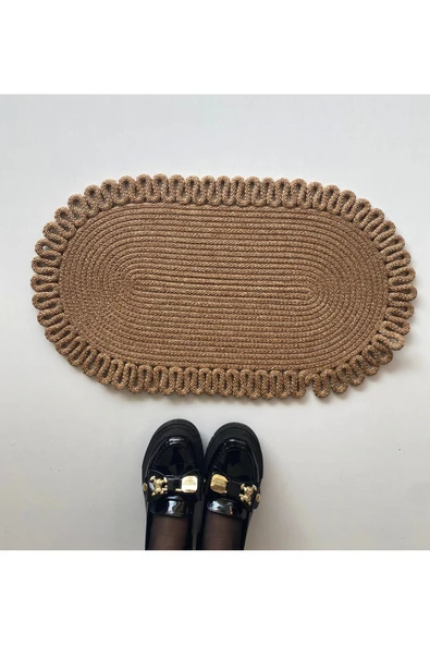 HHKARTS Jüt Kenarları Desenli Oval Paspas Kahverengi ürün görseli
