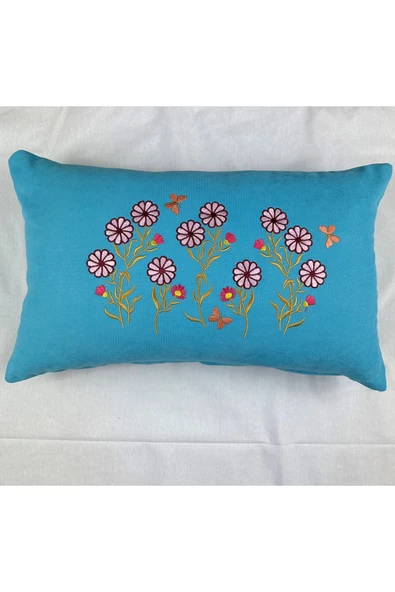 HHKARTS Mavi Renk Çiçek Desenli Nakışlı Yastık Kılıfı 30x50 | Kırlent Kılıfı Fermuarlı - Resim 3