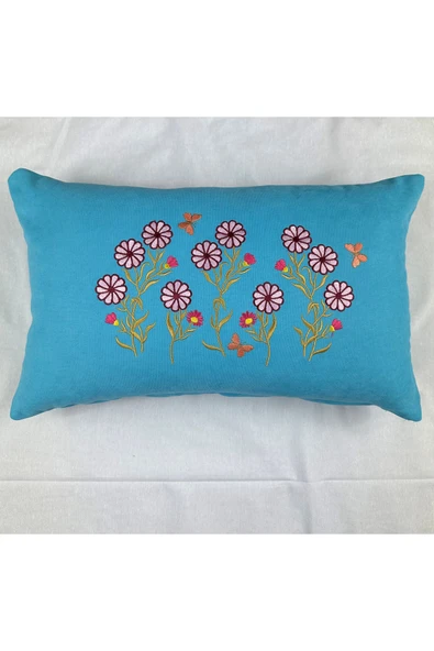 HHKARTS Mavi Renk Çiçek Desenli Nakışlı Yastık Kılıfı 30x50 | Kırlent Kılıfı Fermuarlı - Resim 2