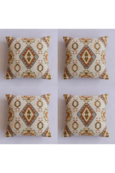 oushak Kilim Desenli Dekoratif Yastık Kılıfı 4'lü Çift Taraflı Şönil Dokuma Gizli Fermuarlı Kırlent Kılıfı ürün görseli