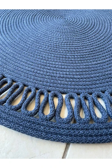 HHKARTS Jüt Kenarları Desenli Yuvarlak Banyo Paspası Lacivert - Resim 4
