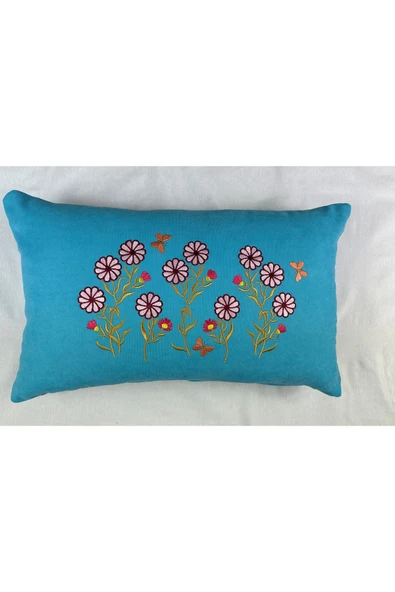 HHKARTS Mavi Renk Çiçek Desenli Nakışlı Yastık Kılıfı 30x50 | Kırlent Kılıfı Fermuarlı ürün görseli