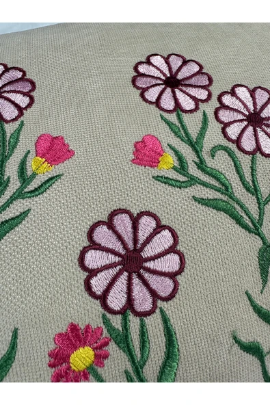 HHKARTS Krem Renk Çiçek Desenli Nakışlı Yastık Kılıfı 30X50 | Kırlent Kılıfı Fermuarlı - Resim 4