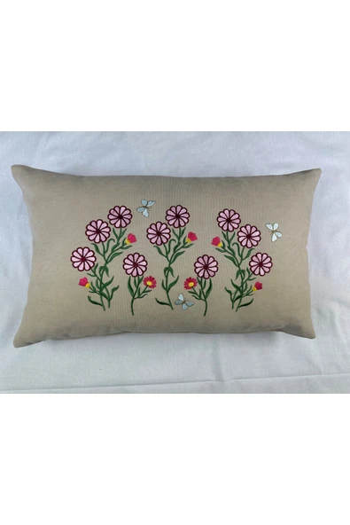 HHKARTS Krem Renk Çiçek Desenli Nakışlı Yastık Kılıfı 30X50 | Kırlent Kılıfı Fermuarlı - Resim 2