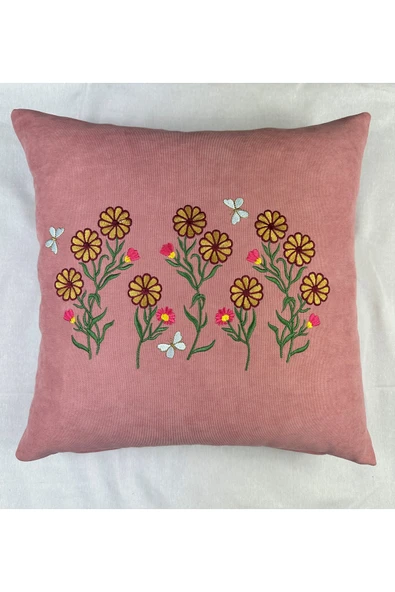 HHKARTS Pembe Renk Çiçek Desenli Nakışlı Yastık Kılıfı 40X40 | Kırlent Kılıfı Fermuarlı - Resim 5