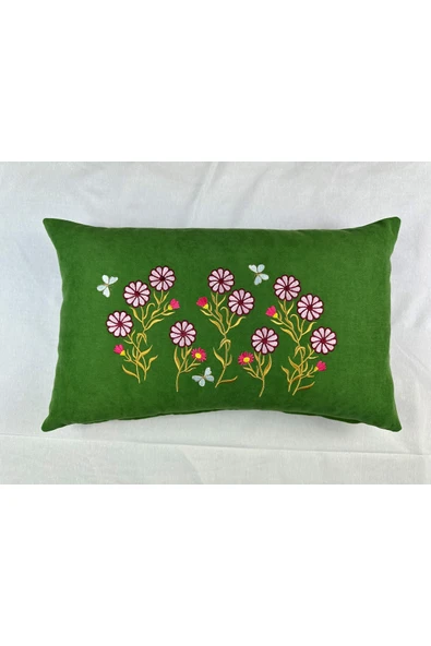 HHKARTS Yeşil Renk Çiçek Desenli Nakışlı Yastık Kılıfı 30x50 | Kırlent Kılıfı Fermuarlı - Resim 3