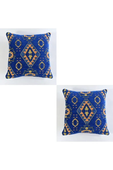 oushak Kilim Desenli Dekoratif Yastık Kılıfı 2'li Çift Taraflı Şönil Dokuma Gizli Fermuarlı Kırlent Kılıfı - 1