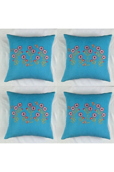 HHKARTS Çiçek Desenli Nakışlı Kırlent Kılıfı Fermuarlı 4'lü 40x40 ürün görseli