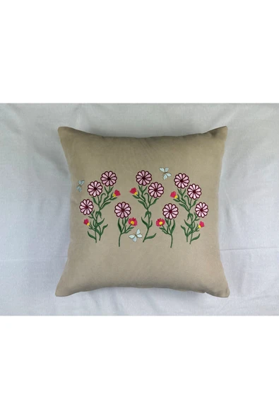 HHKARTS Krem Renk Çiçek Desenli Nakışlı Yastık Kılıfı 40X40 | Kırlent Kılıfı Fermuarlı - Resim 2