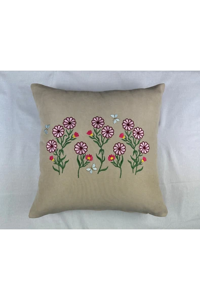 HHKARTS Krem Renk Çiçek Desenli Nakışlı Yastık Kılıfı 40X40 | Kırlent Kılıfı Fermuarlı - Resim 3